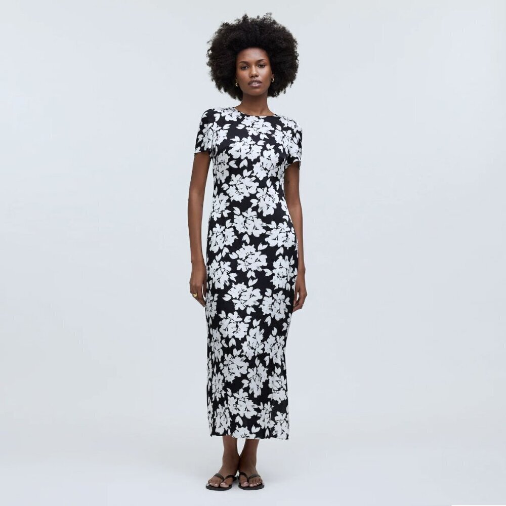 MADEWELL Maxi T-Shirt Dress in Floral Hammered Satin, Black/White, 6